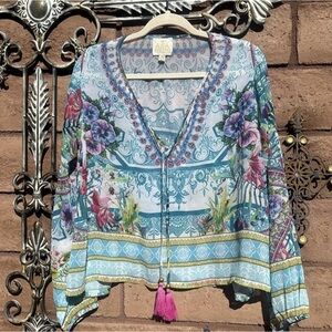 Asa Kaftans Long Sleeve Blouse Floral Sheer Rhinestone Tassels Size Medium NWOT
